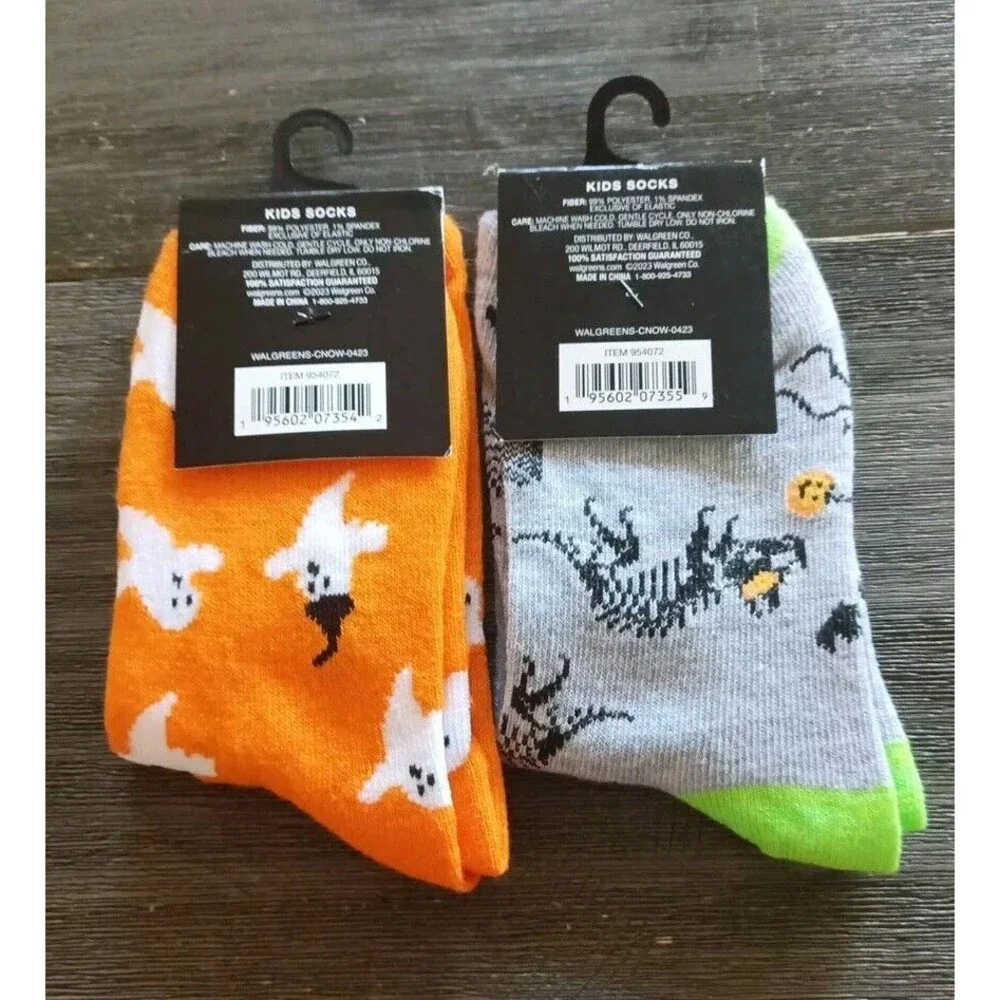 Ghost Dinosaur Skeleton Happy Halloween Kids Socks Size 10-4 Lot Of 2